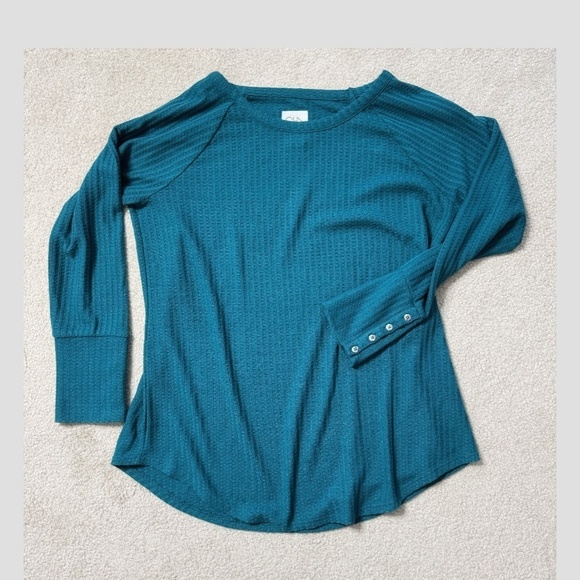 Chaser Plus Size Waffle Knit Thermal Button Detail On Sleeve Cuff Teal Green XXL - Picture 2 of 15